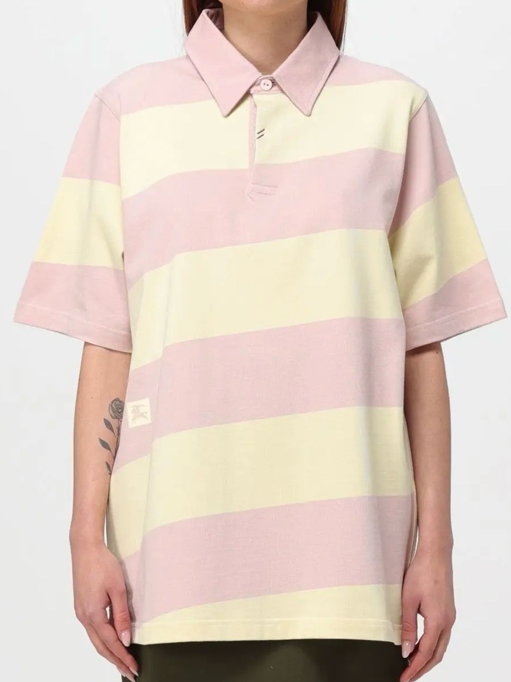 Burberry Unisex Mauve And Crean Stripe Oversized Polo Shirt Size XL NEW